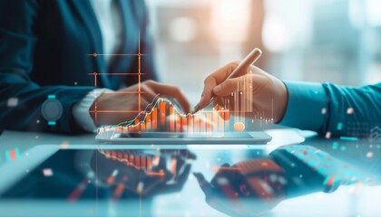 Business People Analyzing Data on Tablet with Financial Graph Overlay