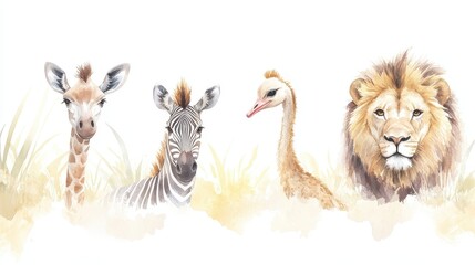 Fototapeta premium A group of animals including a giraffe, zebra, ostrich