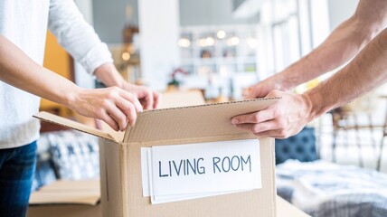 Moving Day: Living Room Essentials. Couple packing a cardboard box labeled "Living Room" during a house move.