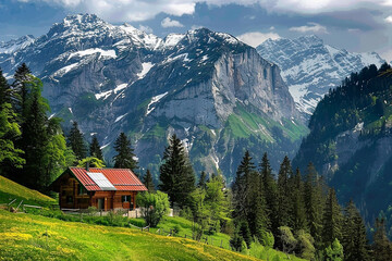 Landscape, lonely house for shelter from bad weather for tourists high in the mountains