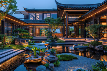 Chinese architecture at night, pavilions and towers