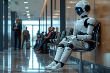 Robot and businessman waiting for job interview in modern office