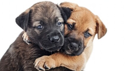 Obraz premium Two puppies hugging isolated on a transparent background.