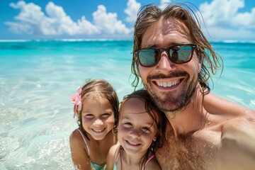 Obraz premium Happy family taking a selfie in the ocean on summer vacation