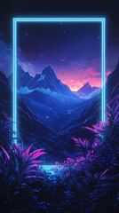 Obraz premium Virtual mountain landscape under neon light frame