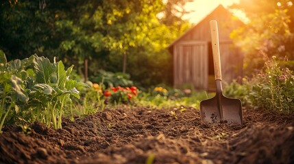 One shovel in a vegetable garden with a distant view of a wooden garden shed, warm golden light illuminating the scene, realistic textures of soil and shovel, blurred background of vegetables,
