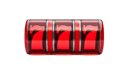 A vibrant red slot machine reel showing three sevens, symbolizing luck and winning in casino games.