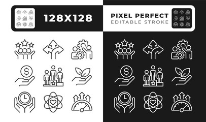 Teamwork organization pixel perfect linear icons set for dark, light mode. Workflow management. Time saving. Thin line symbols for night, day theme. Isolated illustrations. Editable stroke