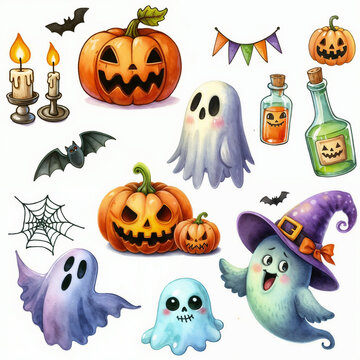 Set of halloween elements on white background. AI
