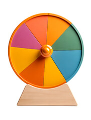 Colorful spinning wheel on a wooden base. Perfect for games, decision making, or as an educational tool for children.