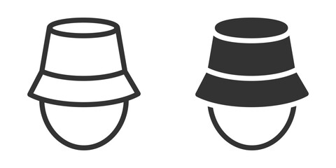 Minimalistic bucket hat icon in both outline and solid styles. Ideal for fashion, summer, or casual wear themes. Vector illustration.