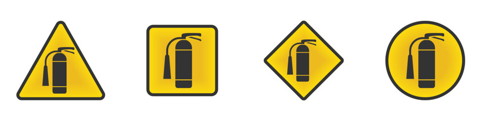 Fire extinguisher warning signs in different shapes with bright yellow backgrounds. Ideal for safety signage or emergency icons. Vector illustration.