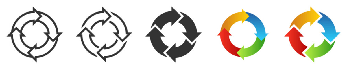 Recycling arrows icon in outline, solid, and multicolor styles. Ideal for eco-friendly, sustainability, or environmental designs. Vector illustration.