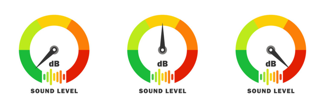 Sound level meter icon with decibel (dB) scale in a multicolored gauge style. Ideal for audio, volume, or noise measurement. Vector illustration.