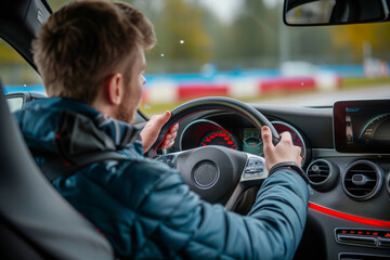 man takes a driving test in a car