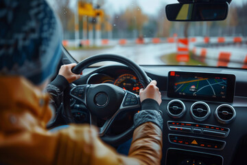 Woman takes a driving test in a car