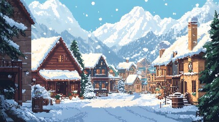 Pixel art of a quaint mountain village with pixelated snow-covered rooftops and a peaceful village square, soft, ambient lighting creating a cozy atmosphere, detailed 16-bit textures, warm and