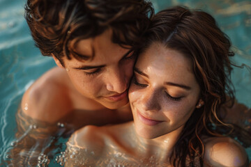 Obraz premium Young couple relaxing together in a swimming pool