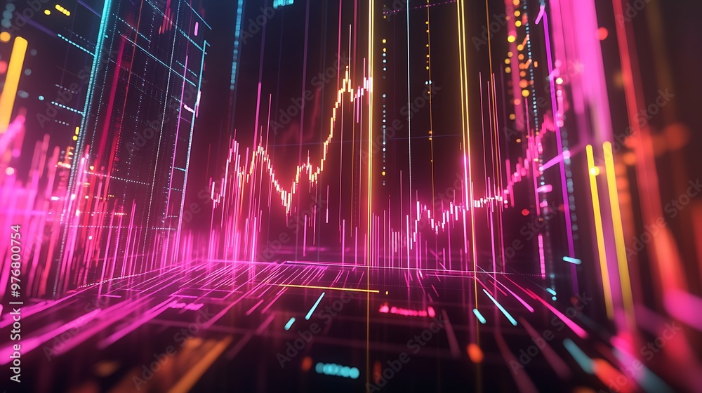 Poster Abstract Digital Data Visualization with Neon Lines and Glowing Shapes