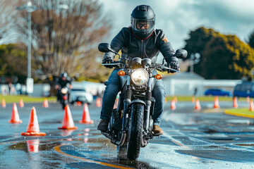 Biker riding motorcycle during safety course training on wet road