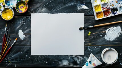 Creative tools art work lesson concept, mock up blank white paper, paintbrushes and paintbox on black wooden artist drawing background desk creativity table, top view from above, flat lay, copy space