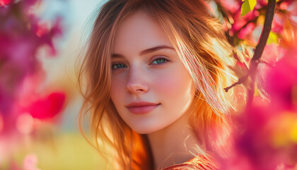 Fototapeta premium Young Caucasian woman with auburn hair standing outdoors, surrounded by vibrant pink flowers, while the warm sunlight highlights her features.