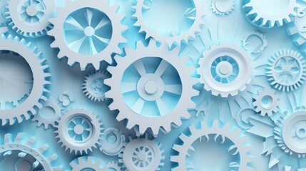A collection of interconnected gears creating a dynamic pattern, showcasing mechanics and engineering in a soft blue tone.