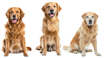 Collection of three dogs, happy golden retrievers set (portrait, sitting and standing) isolated on white background as transparent PNG, generative AI animal bundle