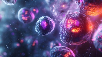 Fototapeta premium Close-up view under a microscope showing cells affected by illness, with detailed tissue structures, illuminated by soft, ambient lighting, hyper-realistic style capturing intricate cellular textures