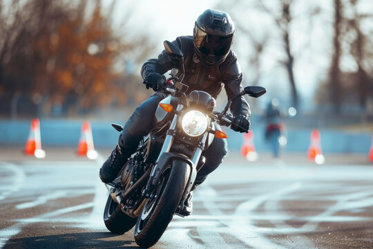 Motorcycle rider taking turn during safety course training