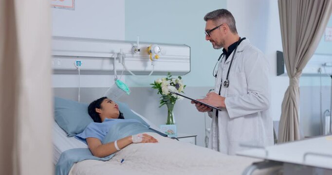 Man, doctor and writing with patient in consultation, checkup or healthcare on hospital bed. Medical surgeon or nurse taking note of sick person in diagnosis, prescription or health results at clinic