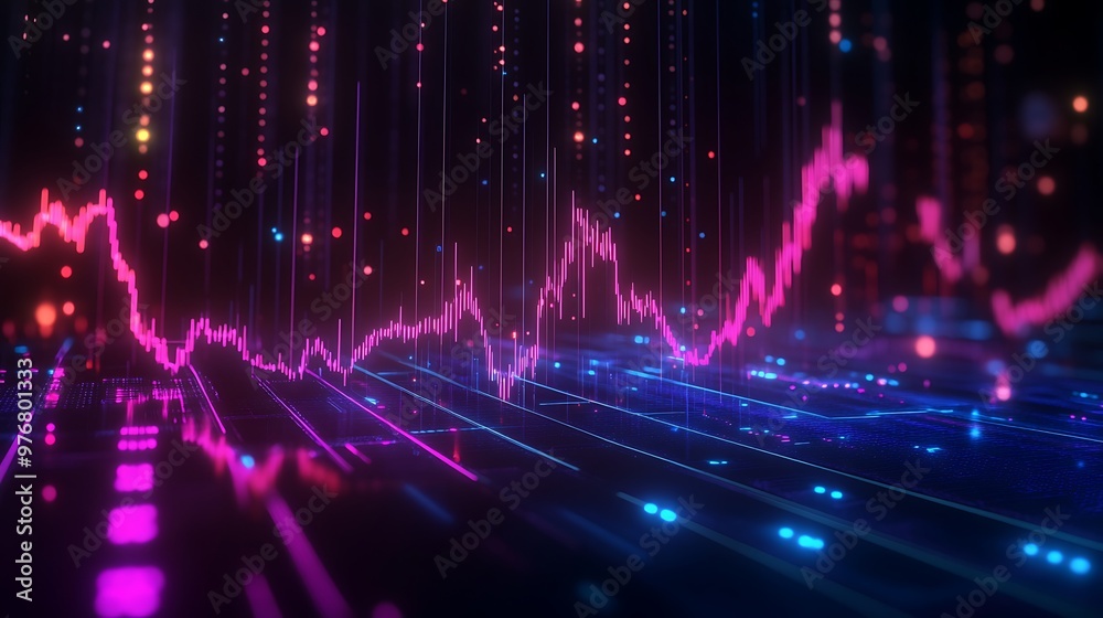 Poster Abstract Neon Line Graph with Glowing Dots on a Dark Background