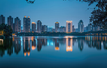 At night, the city's high-rise buildings by the lake