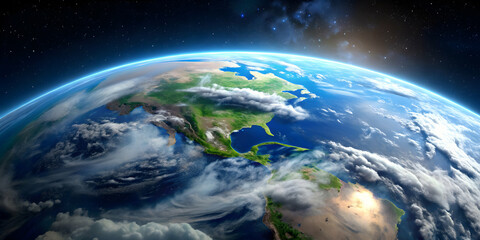 Obraz premium Planet Earth seen from orbit, showing clouds, oceans, and land masses, earth, space, orbit, planet, globe