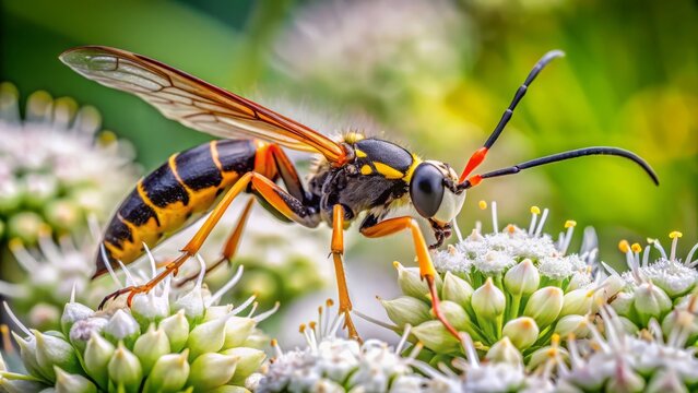 The scorpion wasp perched delicately on a flower, its slender body undulating softly in the breeze as it