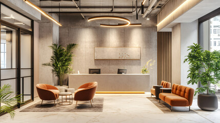 Fototapeta premium A sleek office lobby with a modern reception desk, comfortable seating, and artistic decor.
