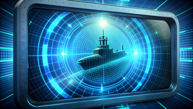 Futuristic sonar screen display on submarine with object on map, sonar, screen, submarine, ship, radar, object, map