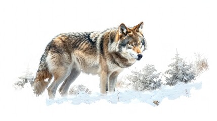 Fototapeta premium A wolf in a snowy landscape isolated on a transparent background.
