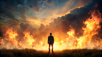 Obraz premium Silhouette of person standing against mysterious fire in the sky, epic fantasy scene, fantasy, epic, sky, fire, silhouette