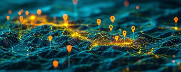 Satellite View of Rural Landscape with Digital Map and Location Pins.