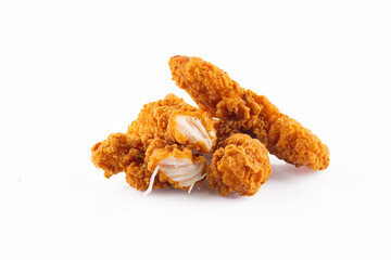 Chicken tenders. Fried chicken breast strips on white background. Isolated chicken crisps