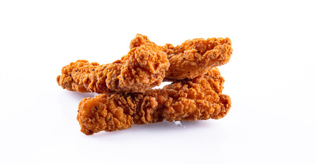 Chicken tenders. Fried chicken breast strips on white background. Isolated chicken crisps