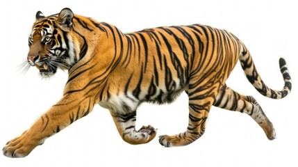 Obraz premium A Sumatran tiger in mid-stride isolated on a transparent background.