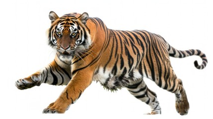 Obraz premium A Sumatran tiger in mid-stride isolated on a transparent background.