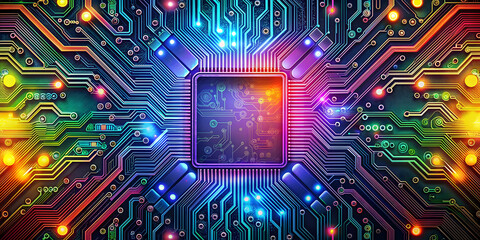 Computer circuit board background with intricate patterns and colorful components, technology, electronics