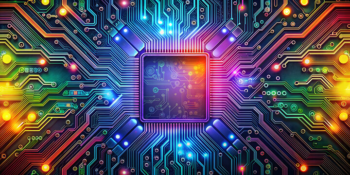 Computer circuit board background with intricate patterns and colorful components, technology, electronics