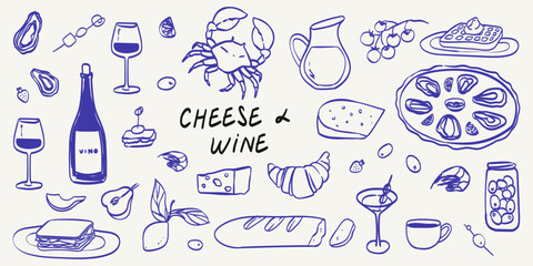Hand drawn crayon food illustration. Breakfast, lunch doodle icons. Vector of wine glass, seafood, greek olives and cheese Illustrations for invitations, menus and parties. La dolce vita italian style