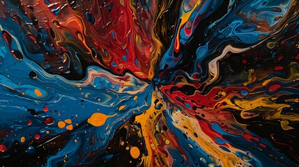 A modern abstract oil painting with vibrant splashes of red, blue, and yellow, arranged in an energetic, swirling pattern against a dark background. 8k UHD, suitable for high-quality printing 