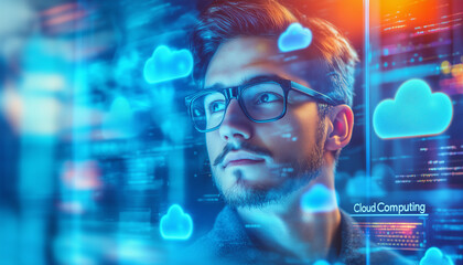 Young man with glasses immersed in a digital environment featuring virtual cloud icons, representing modern cloud computing and technology.