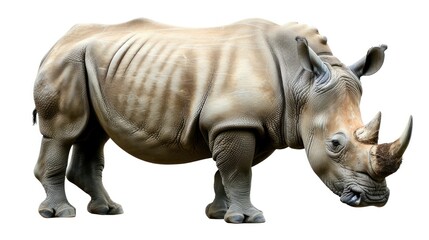 Obraz premium A rhinoceros with its head turned isolated on a transparent background.